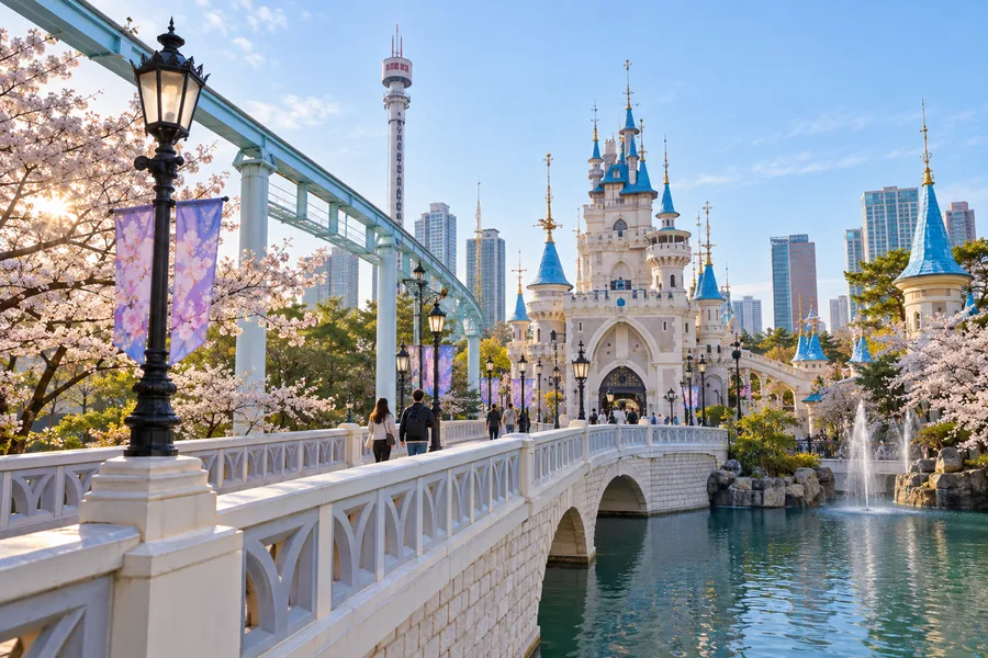 Pengunjung tiba di Lotte World pada pagi hari