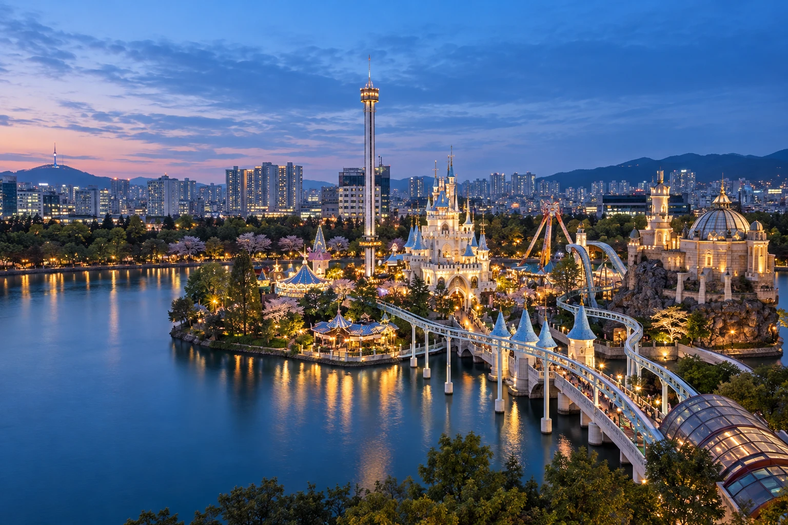Magic Island Lotte World saat senja biru, dengan Magic Castle, danau, dan monorel yang menyala